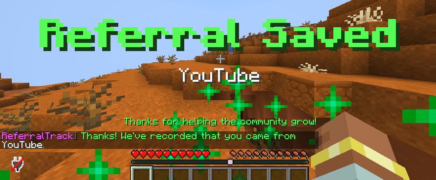 ReferralTrack confirms a saved YouTube referral inside Minecraft.
